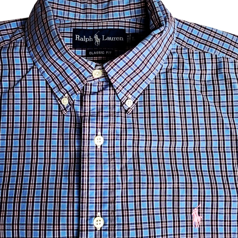 Ralph Lauren Mens L Classic Fit Blue Plaid Short Sleeve Button Down Pink Pony‎